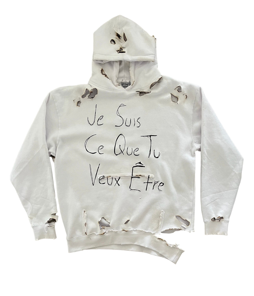 “SALCEDO” burnt & destroyed hoodie in white
